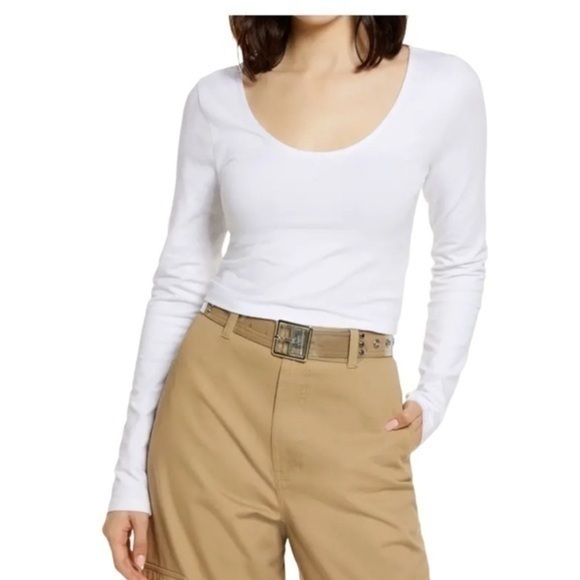 Nordstrom BP Crop Long Sleeve Scoop Neck T Shirt Tan Medium - Picture 7 of 7